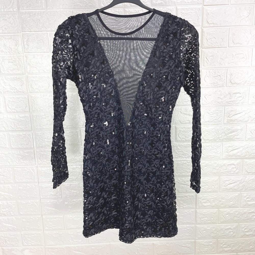 Sexy black bodycon dress - See through mesh, narrow ribbon trim, sequins - SZ M